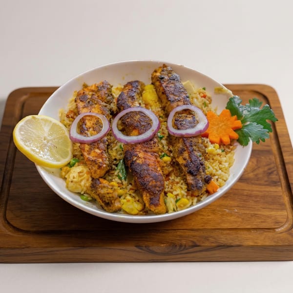 Indian chicken tikka with rice, garnished with red onion, lemon, and cilantro on a wooden board.