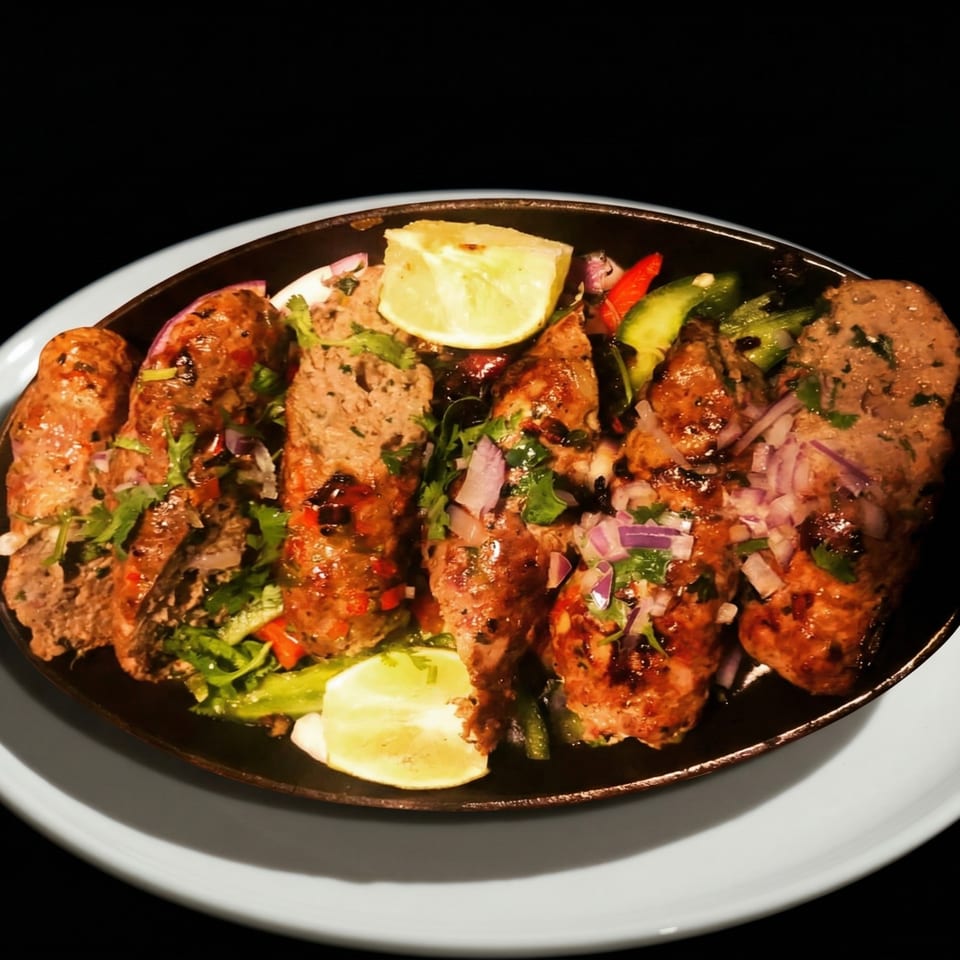 Dhabewala Indian Shack's seekh kebabs, garnished with lime, cilantro, and red onions, served on a dark platter.