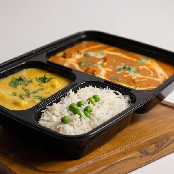 Indian meal in a black bento box with rice, peas, yellow curry, and orange curry.
